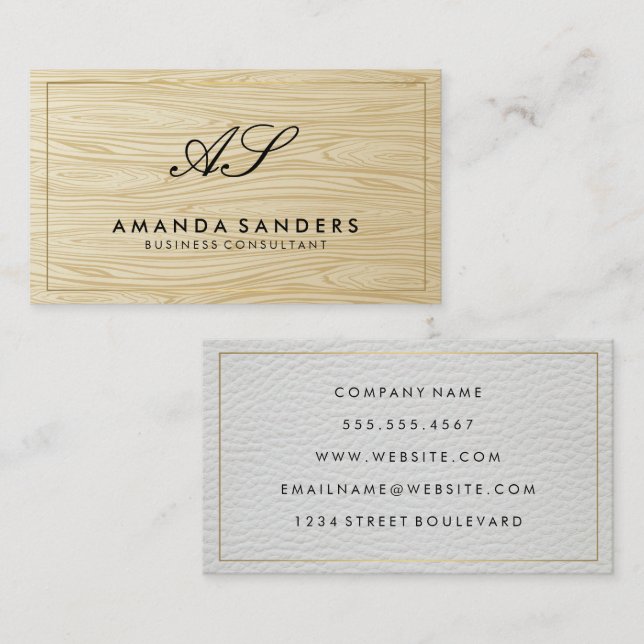 Serif Monogram | Wood and Leather Business Card (Front/Back)