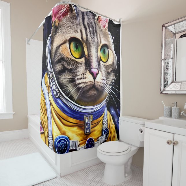 Serious Astronaut Cat Artwork Shower Curtain (In Situ)