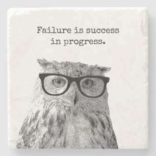 Serious owl with spectacles motivational quote stone coaster