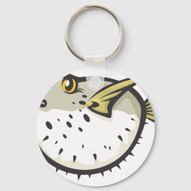 Serious Puffer Fish in Black and White Keychain (Front)