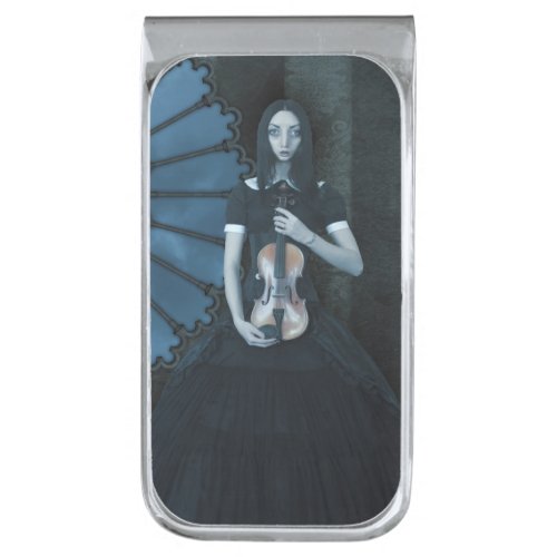 Serious Surreal Art of Gothic Victorian Violinist Silver Finish Money Clip