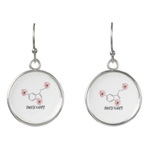 Serotonin Molecule Pink Flowers Editable Text Earrings