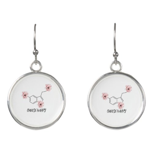 Serotonin Molecule Pink Flowers Editable Text Earrings