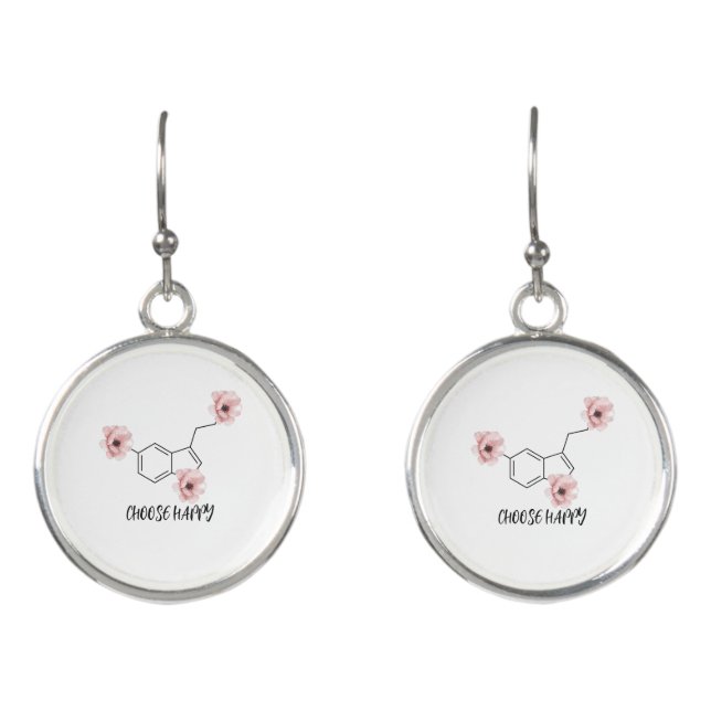 Serotonin Molecule Pink Flowers Editable Text Earrings (Front)
