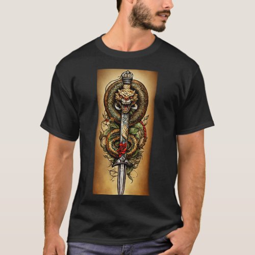 Serpentine Steel Snake Coiled Dagger Tattoo  T_Shirt