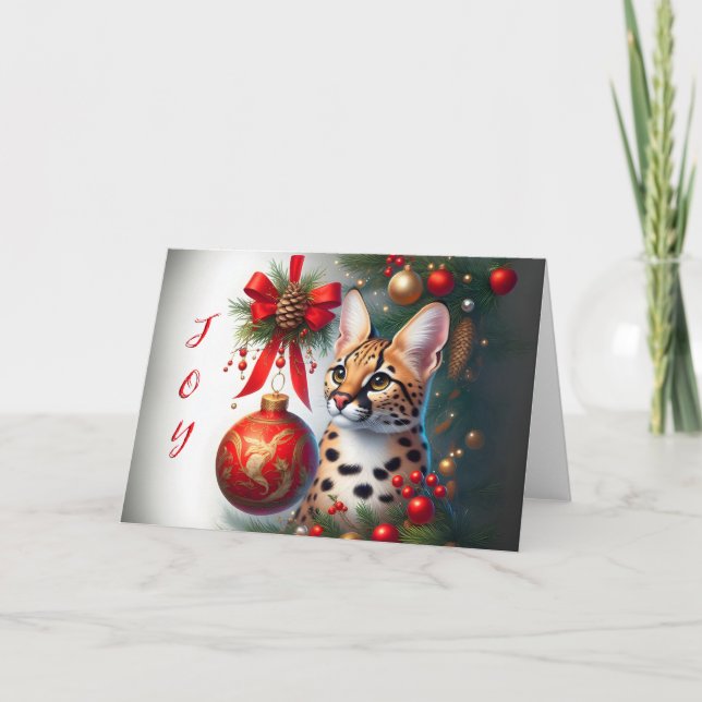Serval Cat Beside Red Ornament Christmas Card (Front)