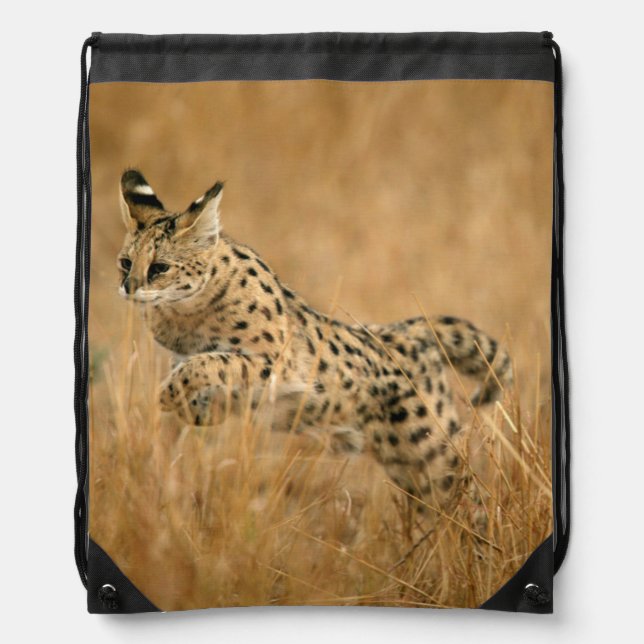 Serval (Leptailurus Serval) Jumping Drawstring Bag (Front)