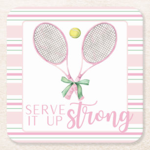 "Serve It Up Strong" Pink Tennis Racket  Square Paper Coaster