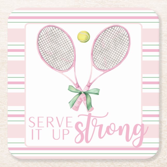 "Serve It Up Strong" Pink Tennis Racket  Square Paper Coaster (Front)