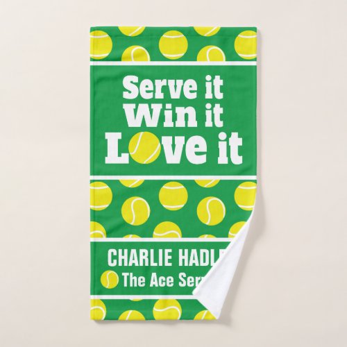 Serve it win it love it tennis sports green hand towel 