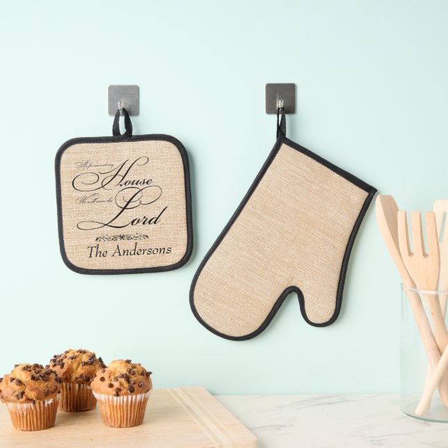 Serve the Lord personalized linen look Oven Mitt & Pot Holder Set (Insitu(Hanging))