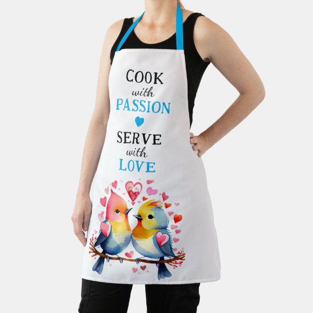 Serve with love birds white blue apron (Insitu)