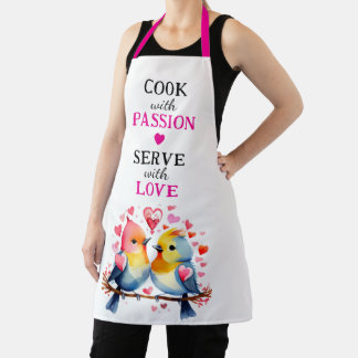 Serve with love birds white pink apron