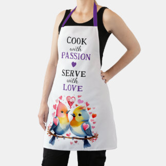 Serve with love birds white purple apron