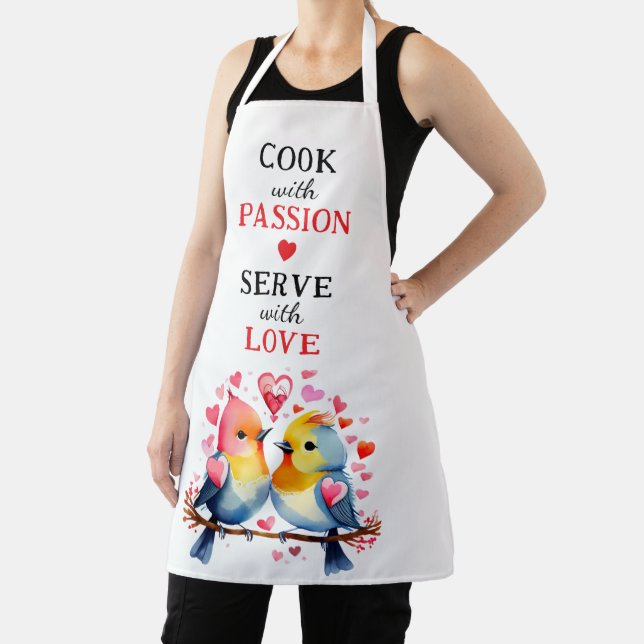 Serve with love birds white red apron (Insitu)