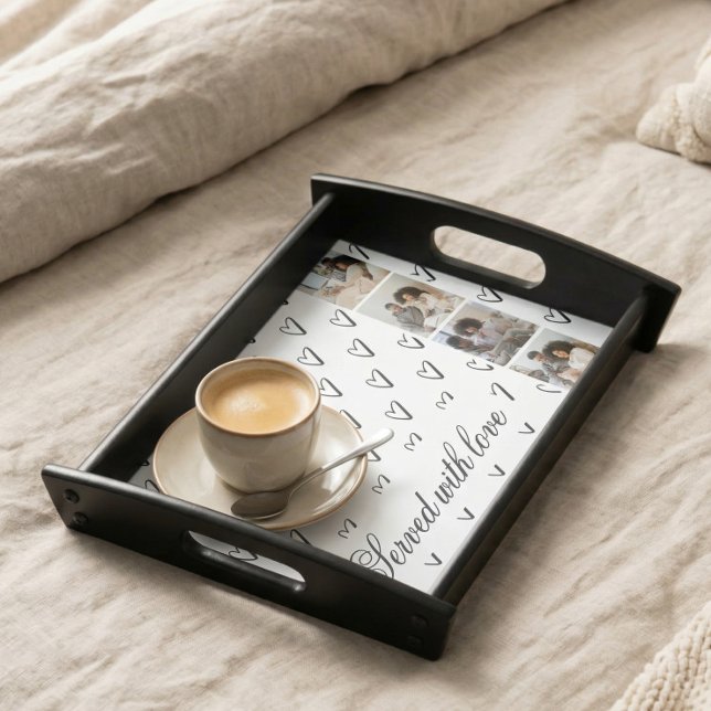 Served with love black and white heart with photos serving tray (Served with love black and white heart pattern with photos serving tray by Ricaso. Ideal for couples)