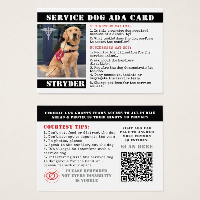 Service Dog ADA Cards Photo ID Badge Professional