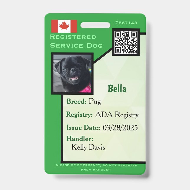 Service Dog ID Card green vertical  Badge (Front)