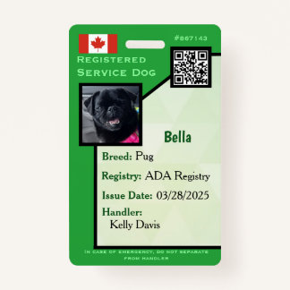 Service Dog ID Card green vertical  Badge