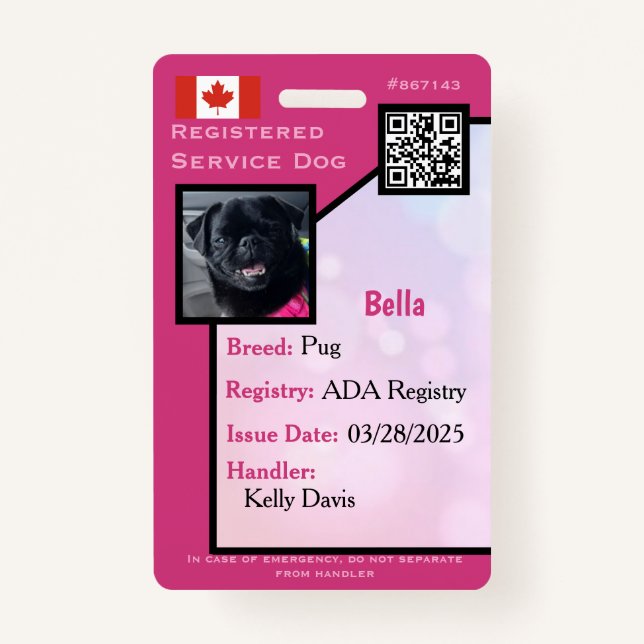 Service Dog ID Card pink vertical  Badge (Front)