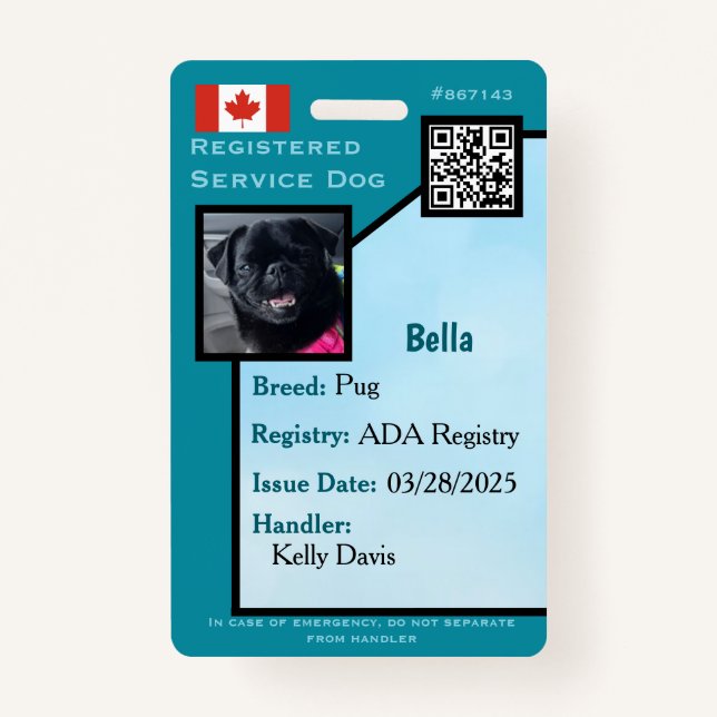 Service Dog ID Card teal vertical  Badge (Front)