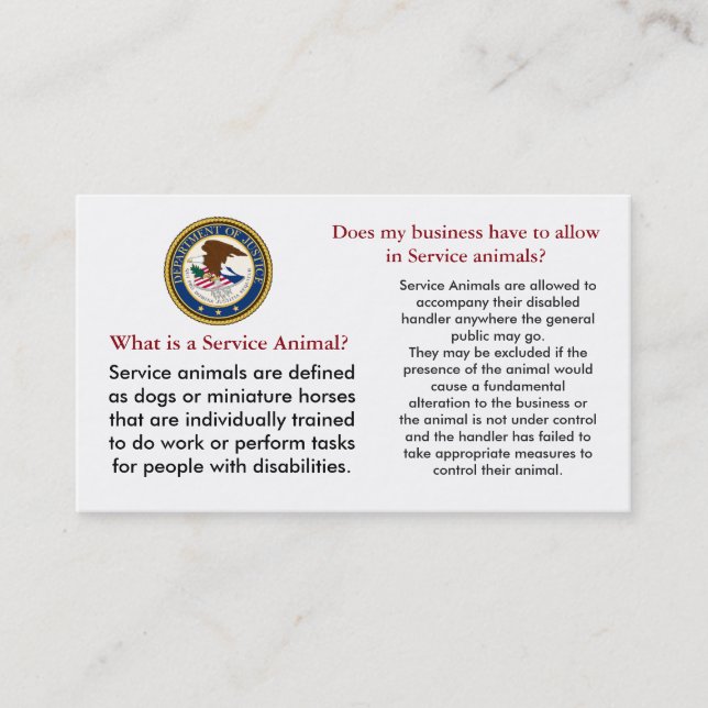 Service Dog Information for Businesses Business Card (Front)