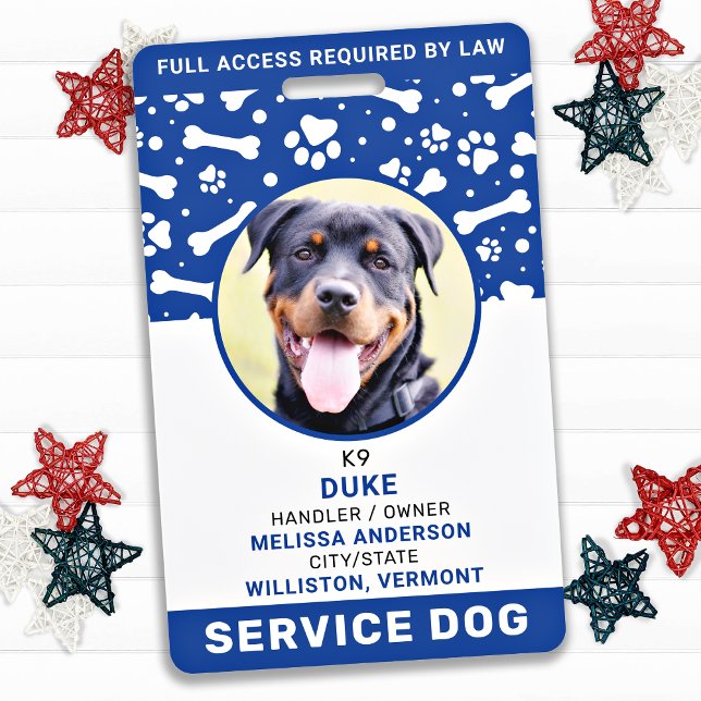 Service Dog Personalized Blue Paw Prints Photo ID Badge (Creator Uploaded)