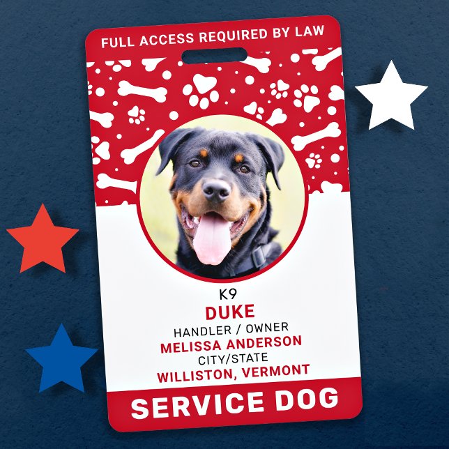 Service Dog Personalized Red Paw Prints Photo ID Badge (Creator Uploaded)