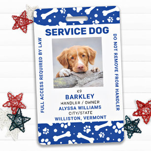 Service Dog Photo ID Personalized Blue Paw Prints Badge