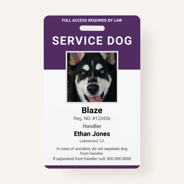 Service Dog Photo Purple Badge (Front)