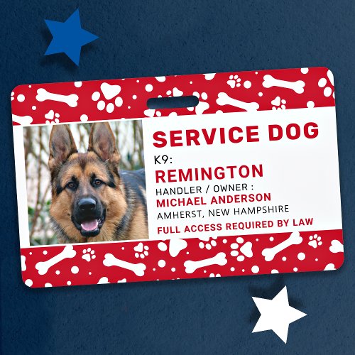 Service Dog Red Paw Prints Personalized Photo ID Badge