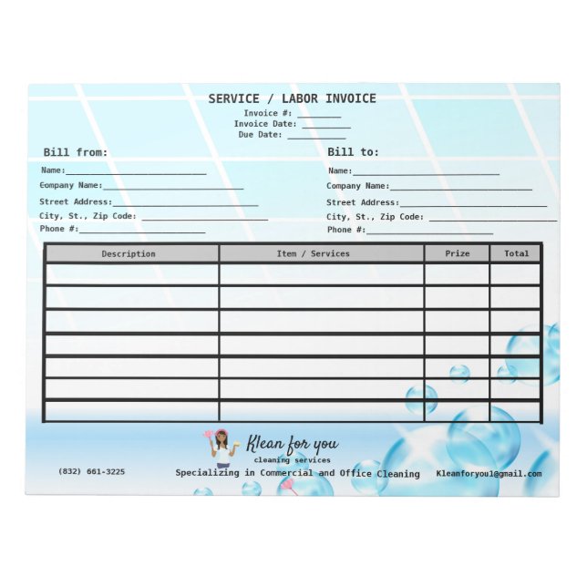 Service Labor Invoice Cleaning Services Notepad (Front)