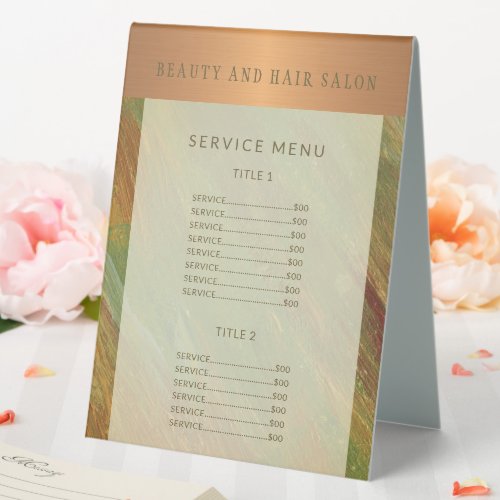 Service menu elegant beauty salon price list table tent sign