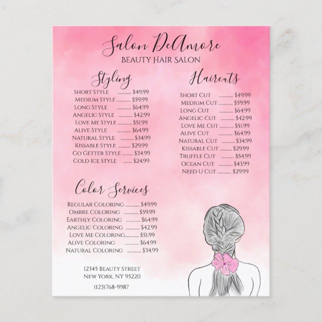 Service Menu Girl w/ Braid Pink Watercolor Flyer (Front)