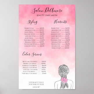 Service Menu Girl w/ Braid Pink Watercolor Poster