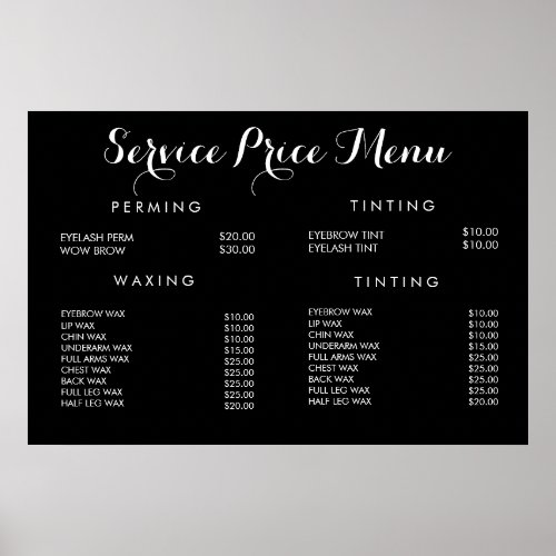 Service Price Menu Custom Printed Poster