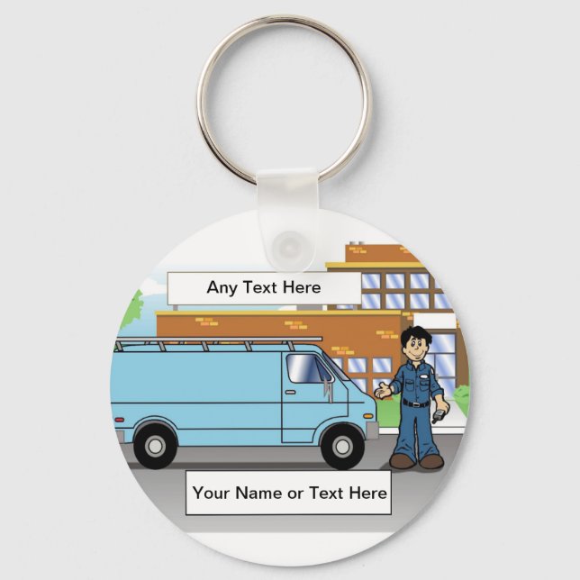 Service Van Blue, Contractor - Male Cartoon Keychain (Front)