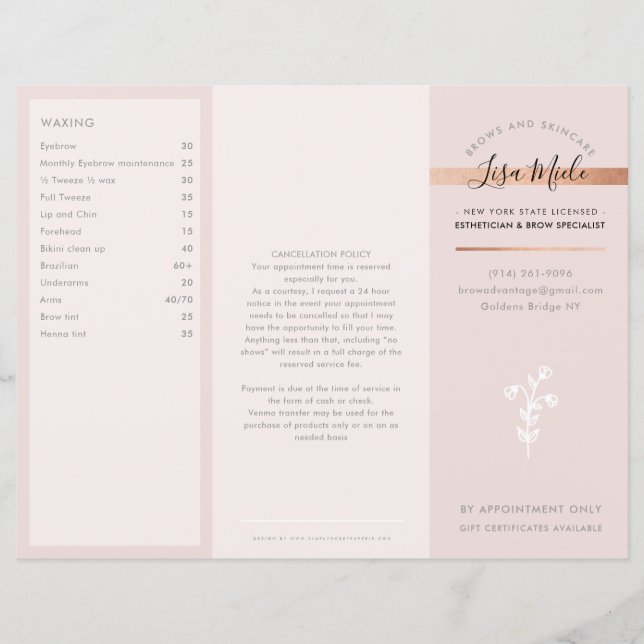 SERVICES PRICE LIST beauty salon rose gold pink (Front)
