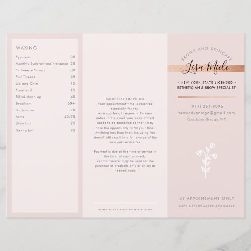 SERVICES PRICE LIST beauty salon rose gold pink