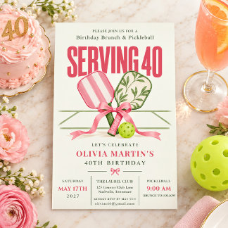 Serving 40 Pink Pickleball 40th Birthday Invitation