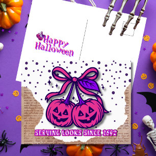 Serving Looks Since 1692 Pink Purple Pumpkins Holiday Postcard