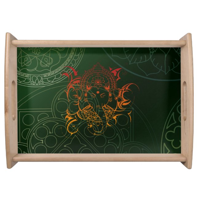 serving tray orange green mandala Elephant Ganesha (Front)