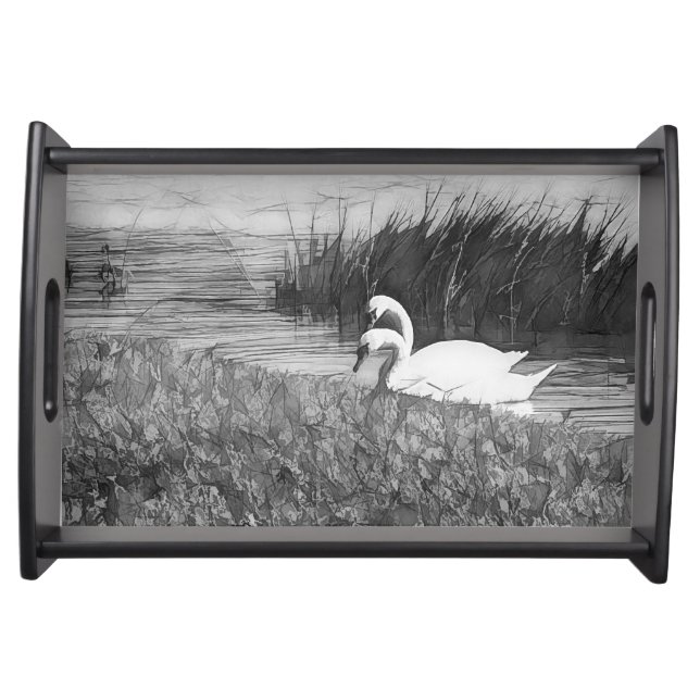 Serving Tray with B&W Abstract Trumpet Swans (Front)