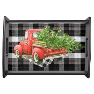 Serving Tray XMAS Truck Baffalo Plaid Black White