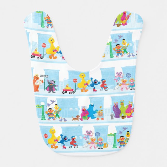 Sesame Pals Walking Along Sesame Street Pattern Baby Bib (Front)