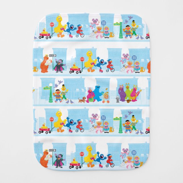 Sesame Pals Walking Along Sesame Street Pattern Baby Burp Cloth (Front)