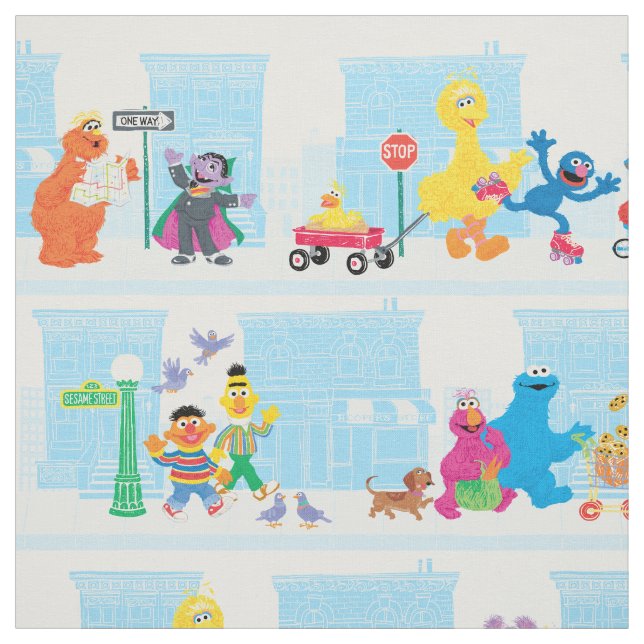 Sesame Pals Walking Along Sesame Street Pattern Fabric (Swatch)