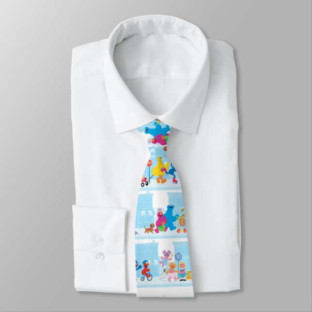 Sesame Pals Walking Along Sesame Street Pattern Neck Tie (Tied)