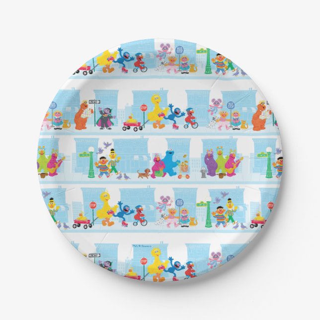 Sesame Pals Walking Along Sesame Street Pattern Paper Plates (Front)