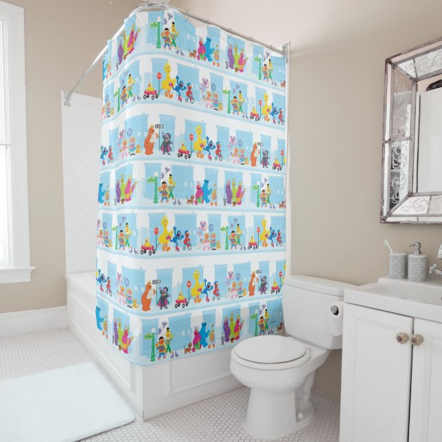 Sesame Pals Walking Along Sesame Street Pattern Shower Curtain (In Situ)